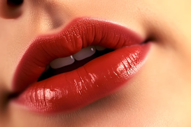 Cerca de los labios de una mujer con lápiz labial rojo