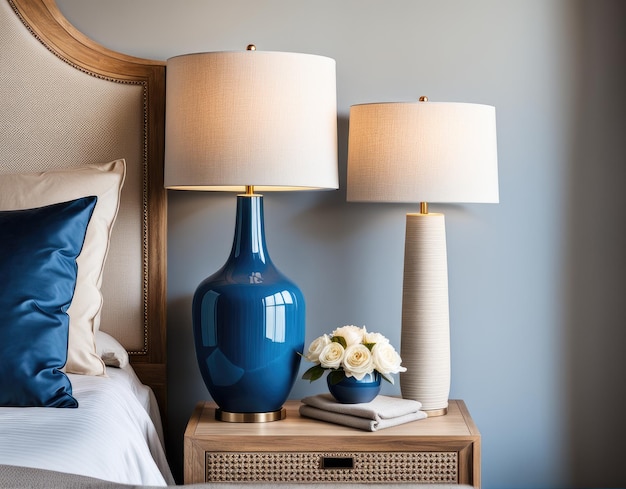 Cerca de la lámpara de cerámica azul en la mesita de noche cerca de la cama con cabecera de tela beige y almohadas azules y manta diseño interior de Provenza de campo francés de dormitorio moderno