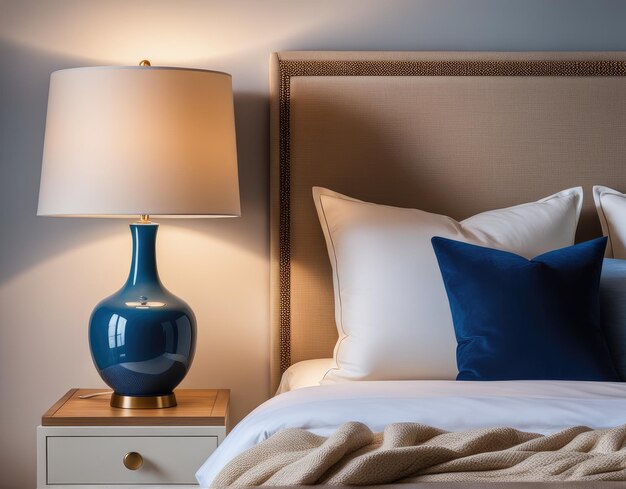 Cerca de la lámpara de cerámica azul en la mesita de noche cerca de la cama con cabecera de tela beige y almohadas azules y manta diseño interior de Provenza de campo francés de dormitorio moderno