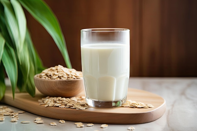 Cerca de leche de avena vegana, una alternativa no láctea en un vaso