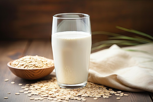 Cerca de leche de avena vegana, una alternativa no láctea en un vaso