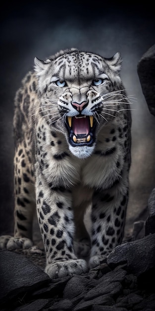 Cerca de un leopardo de las nieves con la boca abierta generativa ai