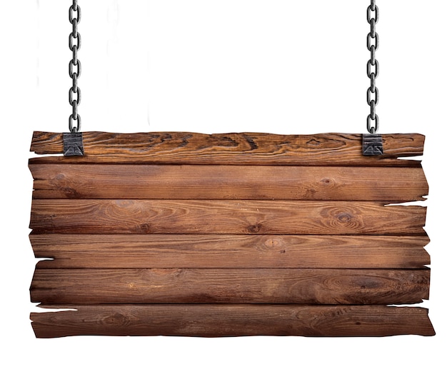 Cerca de un letrero de madera con cadena en blanco