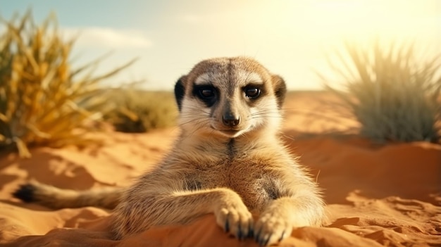 De cerca un lindo animal suricata relajándose en el desierto