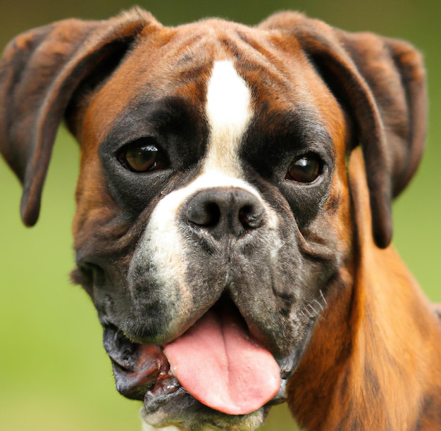 Cerca de lindo perro boxer marrón y negro sobre fondo verde