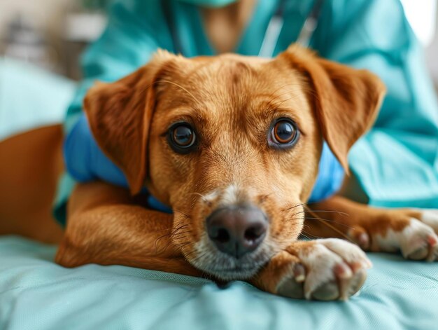 Foto cerca de un lindo perro marrón con una mancha blanca en el pecho tendido en una mesa de examen en la oficina de veterinarios