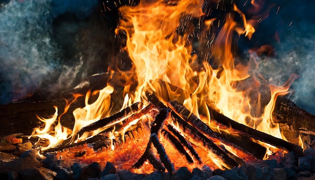 Cerca de las llamas de fuego rojo y naranja y las chispas de la hoguera quemando troncos fogata