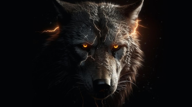 Cerca de lobo con relámpagos sobre fondo negro generativo ai