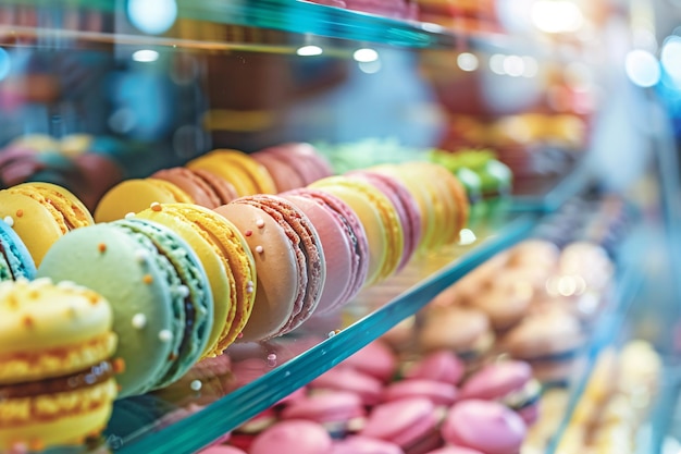 cerca de macarrones coloridos en la panadería