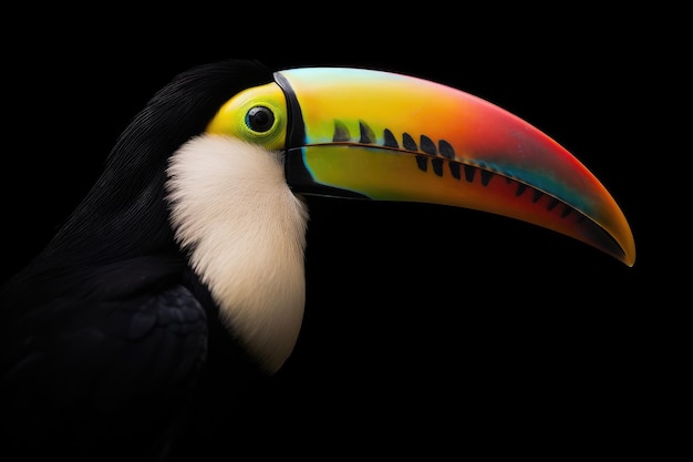 Cerca de un majestuoso tucán arco iris hermoso sobre un fondo negro