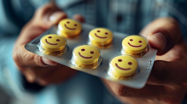 cerca de una mano de hombre sosteniendo un rostro sonriente amarillo círculo pastillas concepto de atención médica