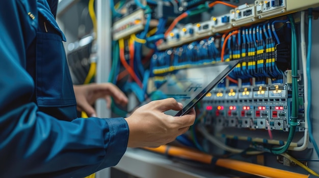 De cerca mano de ingeniero o electricista hombre trabajando comprobar el sistema eléctrico con la tableta en la fábrica