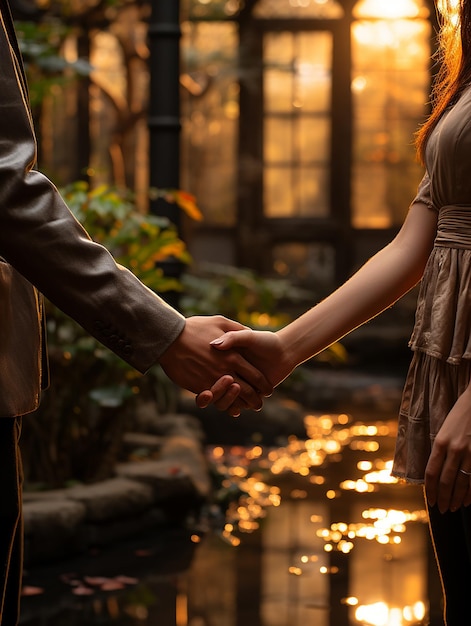 Foto cerca de la mano de la mujer y el hombre sosteniéndose el uno al otro con el fondo del parque ai generativo