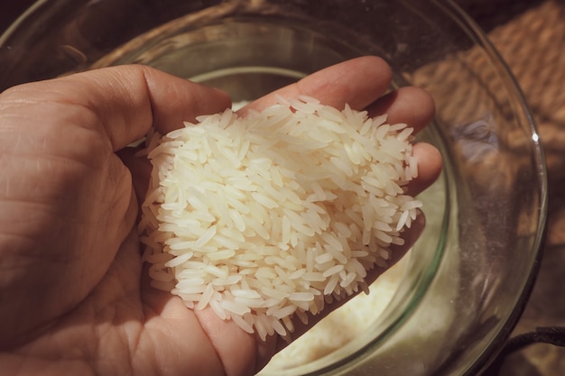 Foto de cerca la mano sostiene granos de arroz en frasco de vidrio