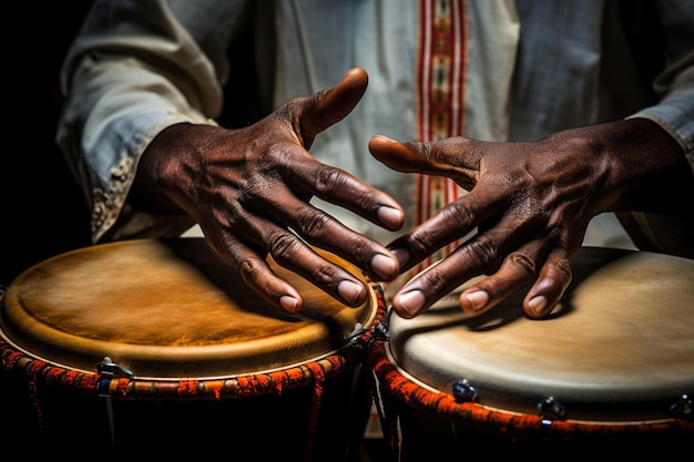 Foto cerca de la mano tocando el tambor africano
