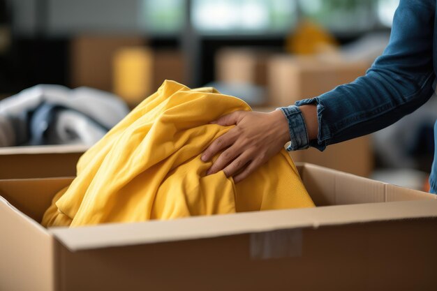 Cerca de la mano del voluntario empacando la caja de tela y donando