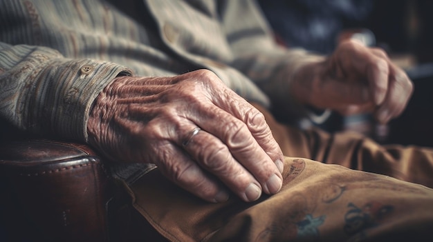 Cerca de las manos arrugadas masculinas, el anciano lleva un tono antiguo Generado por IA