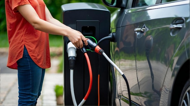 cerca de las manos cargando un coche eléctrico en una estación de carga generativa ai