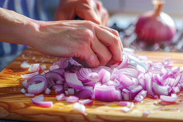 De cerca de las manos cortando cebollas rojas frescas en una tabla de cortar de madera en la cocina con luz natural