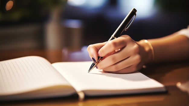 Cerca de manos femeninas escribiendo en un cuaderno sobre un escritorio en la oficina