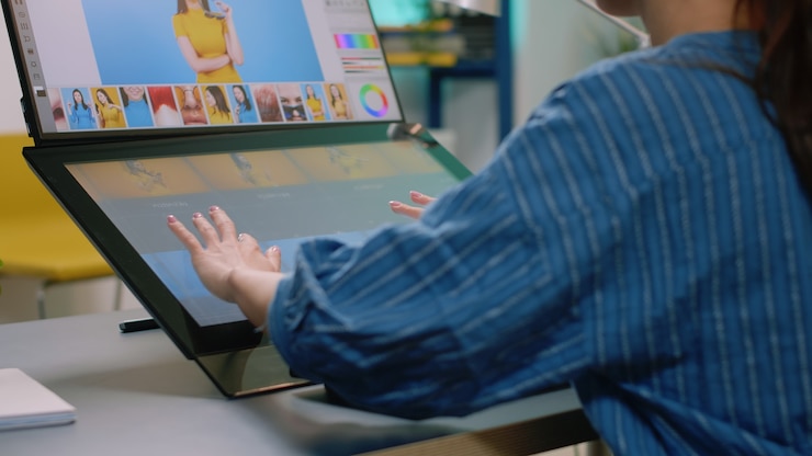 Foto cerca de las manos del fotógrafo con monitor de pantalla táctil