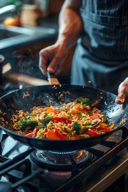 Cerca de las manos del hombre hábilmente agitando una colorida mezcla de fideos brócoli y zanahorias en un wok negro en una estufa de gas con utensilios de cocina cerca