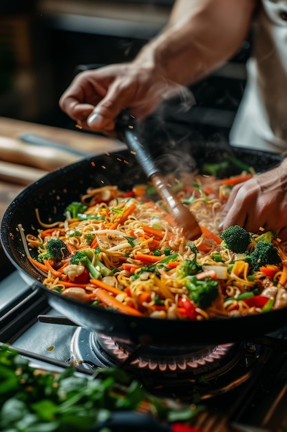 Cerca de las manos del hombre hábilmente agitando una colorida mezcla de fideos brócoli y zanahorias en un wok negro en una estufa de gas con utensilios de cocina cerca