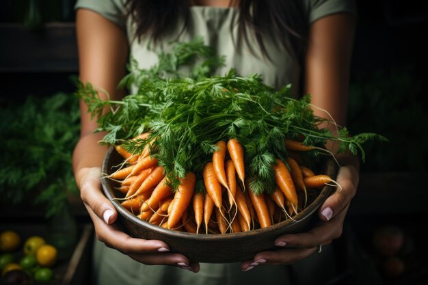 Cerca de las manos del jardinero que cultiva zanahorias en un invernadero