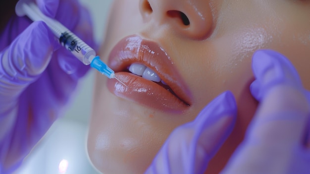 Foto de cerca las manos del médico en guante médico dan relleno de inyección de botox en los labios medicina plástica estética cirugía dermatología concepto de belleza