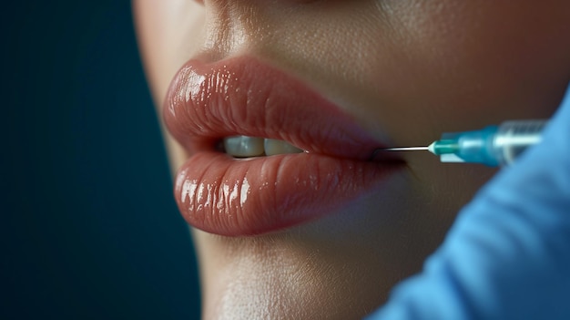 Foto de cerca las manos del médico en guante médico dan relleno de inyección de botox en los labios medicina plástica estética cirugía dermatología concepto de belleza