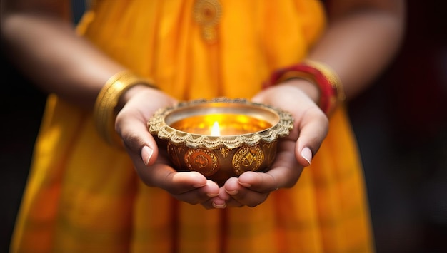 Cerca de manos de mujer sosteniendo la lámpara de aceite de diwali