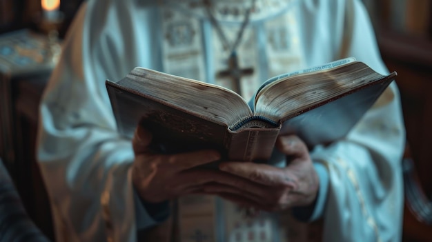 Cerca de las manos del sacerdote sosteniendo la Santa Biblia con un collar de cruz cristianismo y concepto de fe