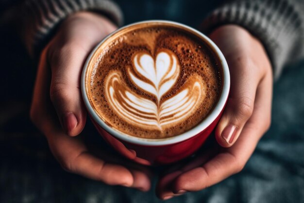 Cerca de las manos sosteniendo café latte vista plana con una espuma en forma de hogar en él