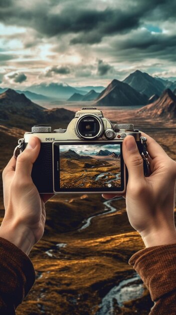 Foto cerca de manos sosteniendo una cámara vintage tomando una foto de un hermoso paisaje tomado desde atrás