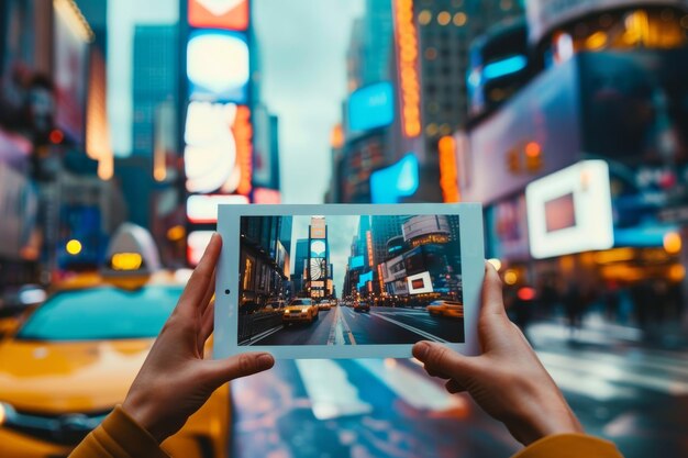 cerca de las manos sosteniendo una foto con una imagen de la ciudad en el fondo de la ciudad concepto de viaje