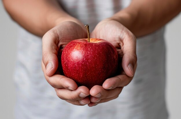Cerca de las manos sosteniendo una manzana roja contra un fondo blanco
