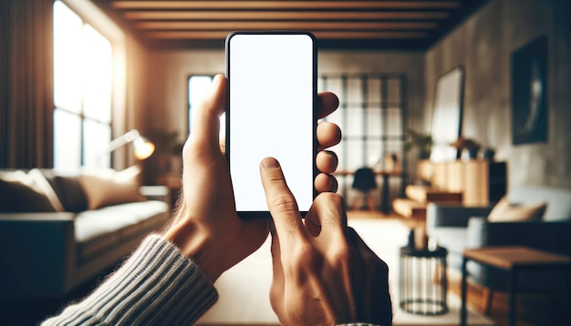 Cerca de las manos sosteniendo un teléfono inteligente con una pantalla en blanco junto a una computadora portátil en un escritorio de madera ideal para la presentación de aplicaciones