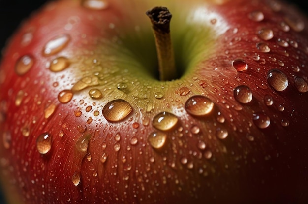 Foto cerca de la manzana roja con gotas de agua en ella