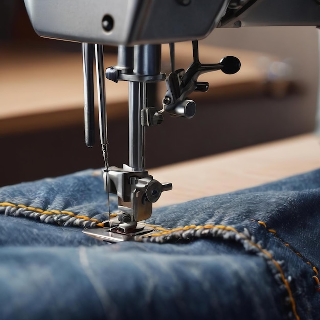 Cerca de la máquina de coser coser la costura de los vaqueros de denim azul