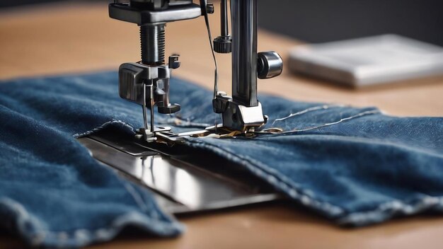 Cerca de la máquina de coser coser la costura de los vaqueros de denim azul