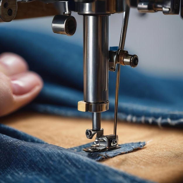 Cerca de la máquina de coser coser la costura de los vaqueros de denim azul