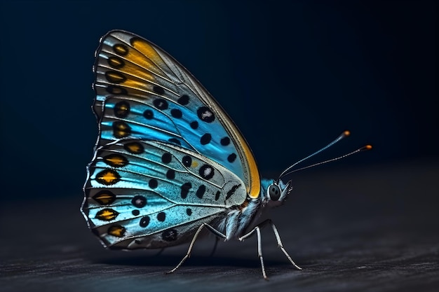 Cerca de una mariposa en el suelo negro azul