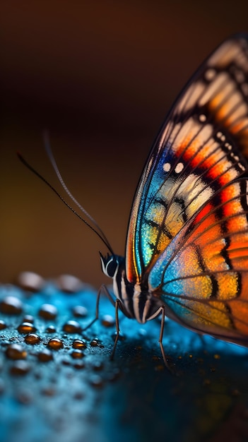 Cerca de una mariposa en el suelo negro oscuro