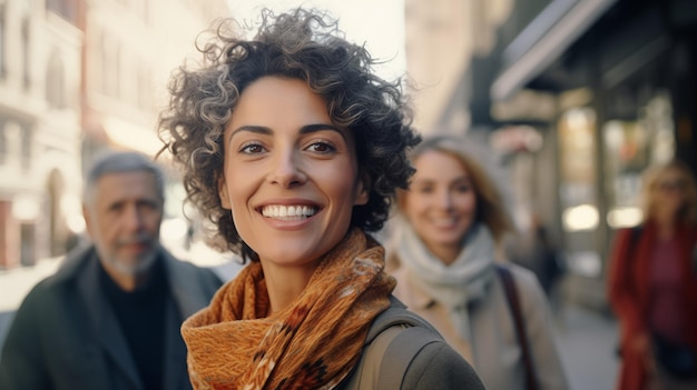 Cerca de mediana edad alegre mujer diversa en la calle luz del día de primavera listo para las mujeres o maestros