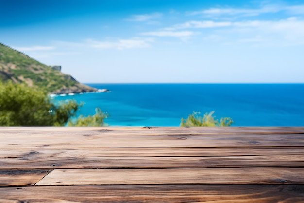 Foto cerca de una mesa de madera con vista al mar del océano en el fondo