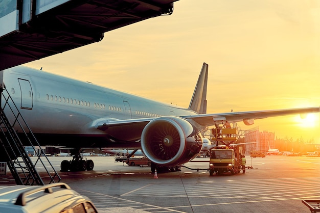 Cerca de un motor de avión a la luz del sol