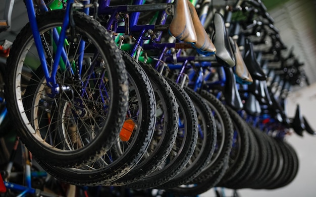 cerca de muchas ruedas de bicicleta colgando en un almacén