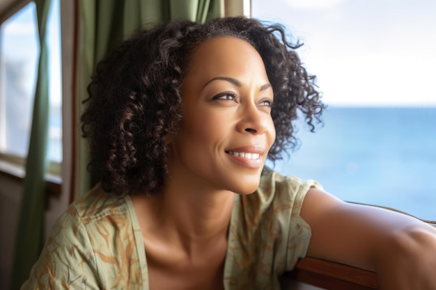 Cerca de una mujer afroamericana contemplando una escena de verano desde su ventana