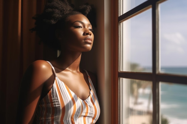 Cerca de una mujer afroamericana contemplando una escena de verano desde su ventana