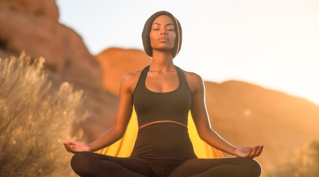 Cerca de una mujer afroamericana practicando meditación al aire libre